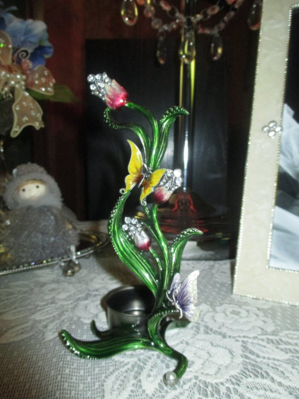 Enamel Floral & Butterfly Votive Holder